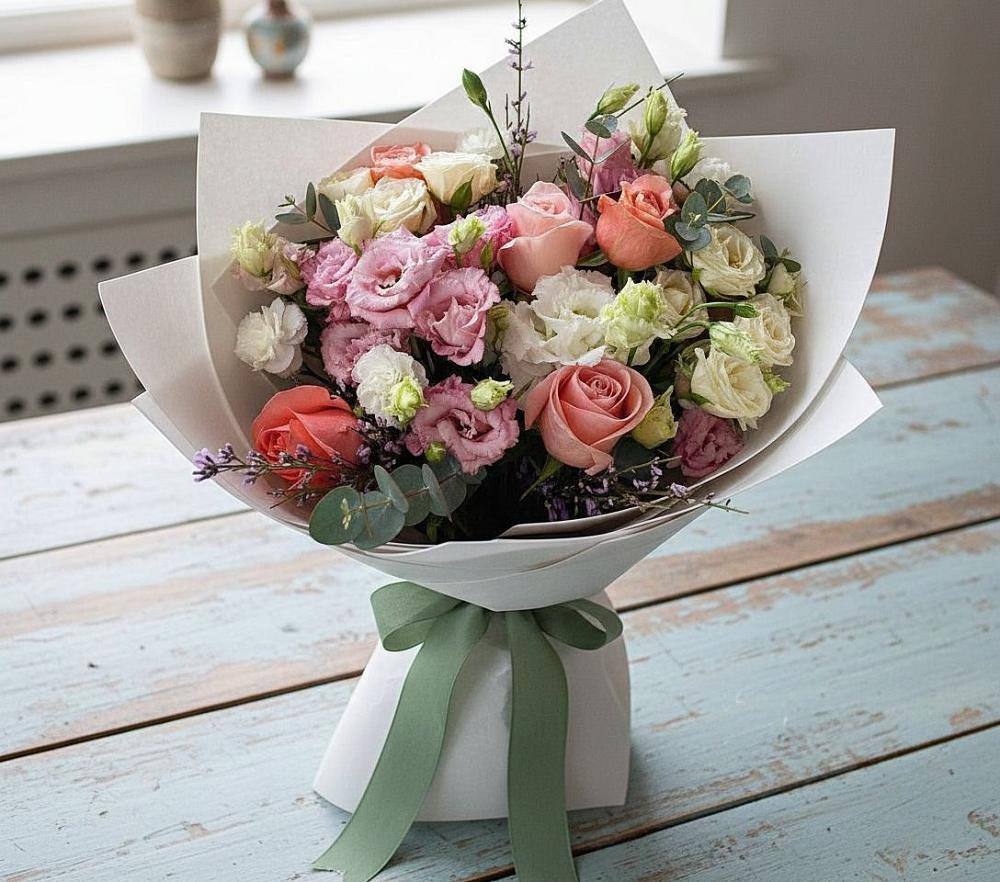 Букет цветов из: Розы, Лизиантусы и Гвоздики в Махмуде-Мектебе