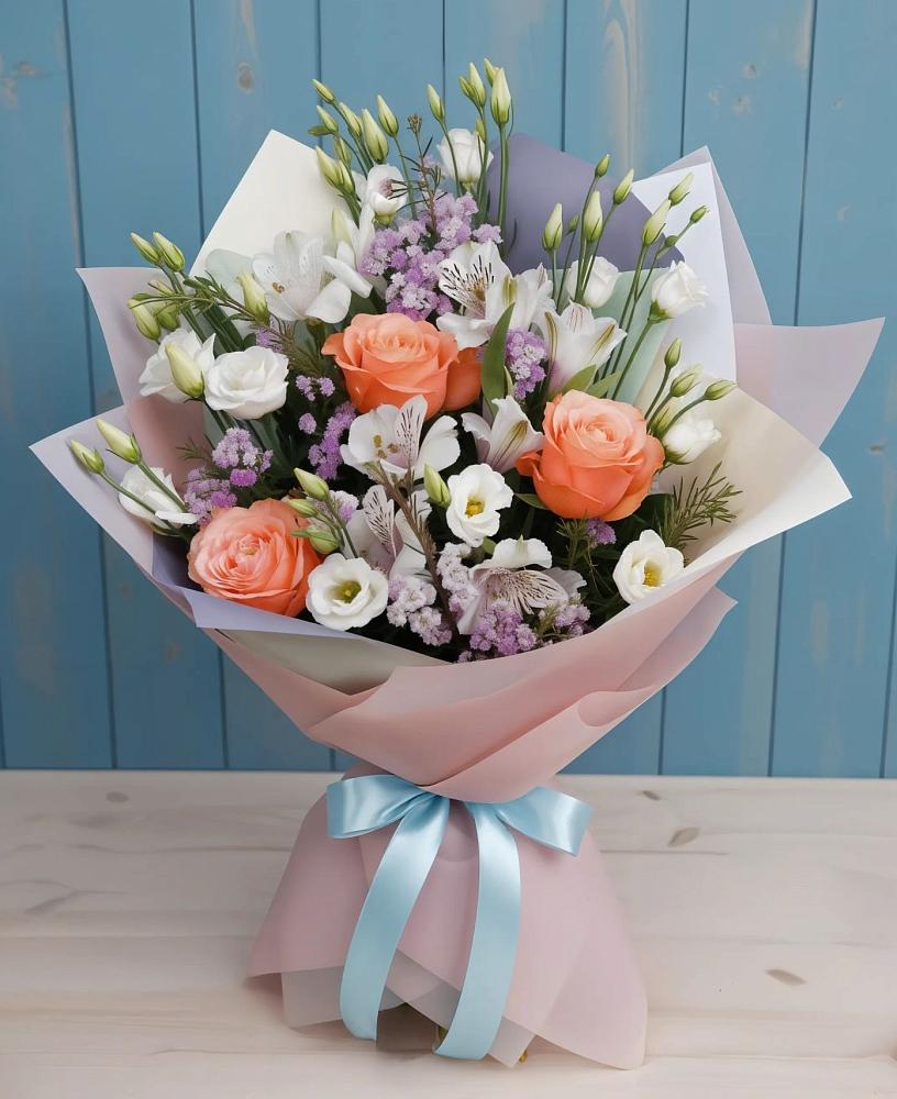 Букет цветов из: Лизиантусы, Розы, Альстромерии и Гипсофила в Махмуде-Мектебе