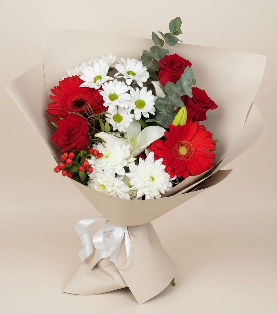 Букет цветов из: Розы, Хризантемы, Герберы и Лилии в Махмуде-Мектебе